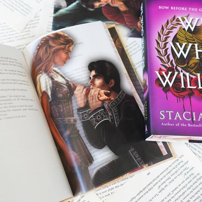 Close-up of a We Who Will Die LitJoy Edition page overlay placed inside an open book, showing a romantic illustration of a blonde woman and a dark-haired man kneeling to hold her hand, with the purple book cover beside it