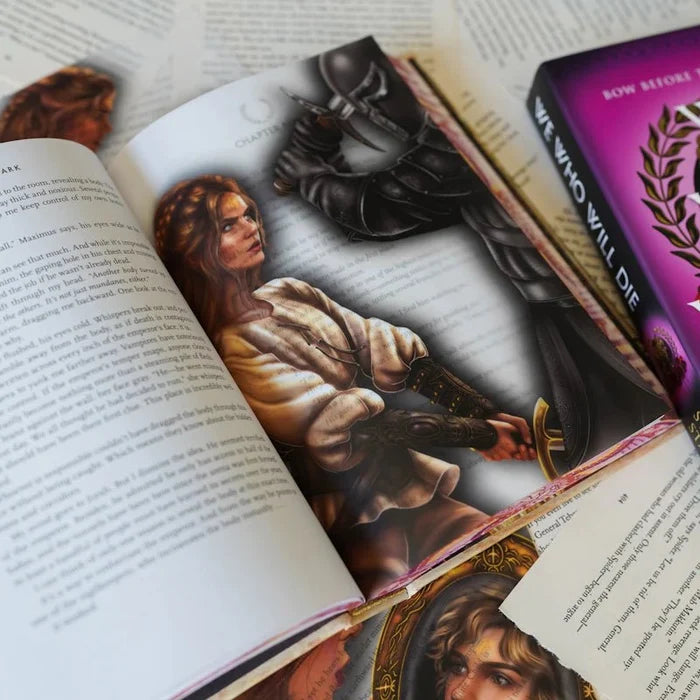 We Who Will Die LitJoy Edition page overlay on an open chapter page showing a kneeling woman in medieval attire with a dark armored knight looming behind her, with the purple book spine and mosaic edition visible alongside