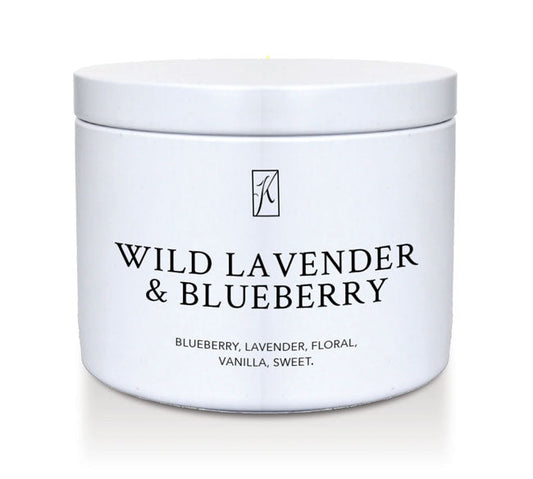 White tin candle container with 'Wild Lavender & Blueberry' text on a white background