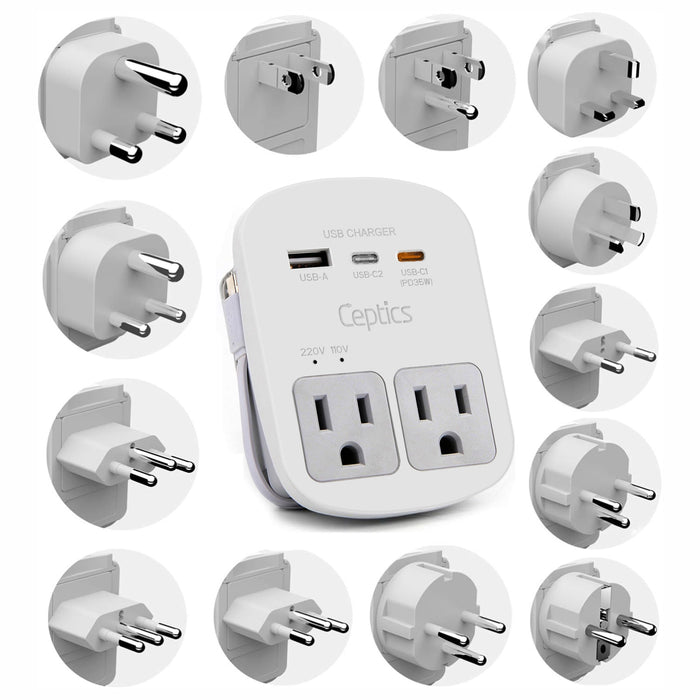 World-Way 13 Travel Adapter Kit | 1 USB-A, 1 USB-C and 1 PD 35W USB-C port and cable + 2 US Outlets - Grounded (WPS-2B+ALL)