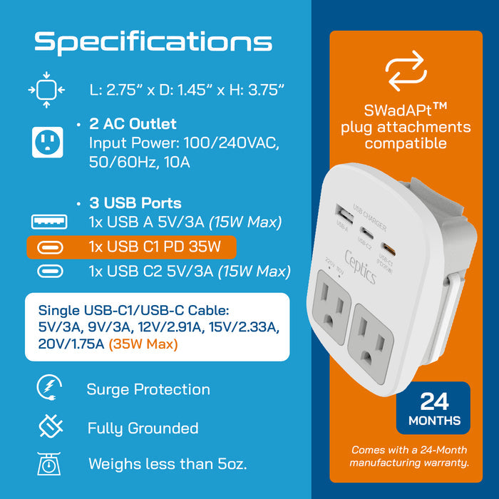 World-Way 13 Travel Adapter Kit | 1 USB-A, 1 USB-C and 1 PD 35W USB-C port and cable + 2 US Outlets - Grounded (WPS-2B+ALL)