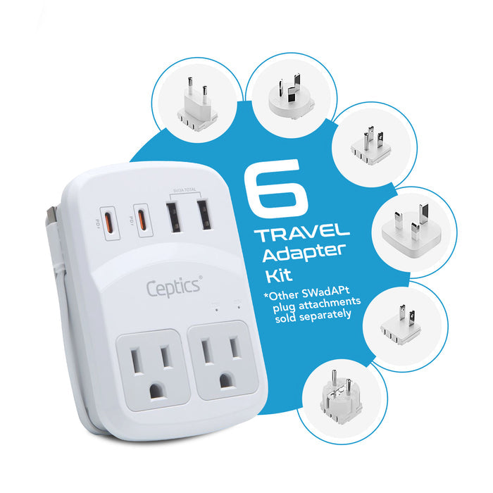 World-Way 6 Travel Adapter Kit | 2 USB-A + 2 USB-C + 1 USB-C Cable + 2 US Outlets - Grounded (WPS-5B)