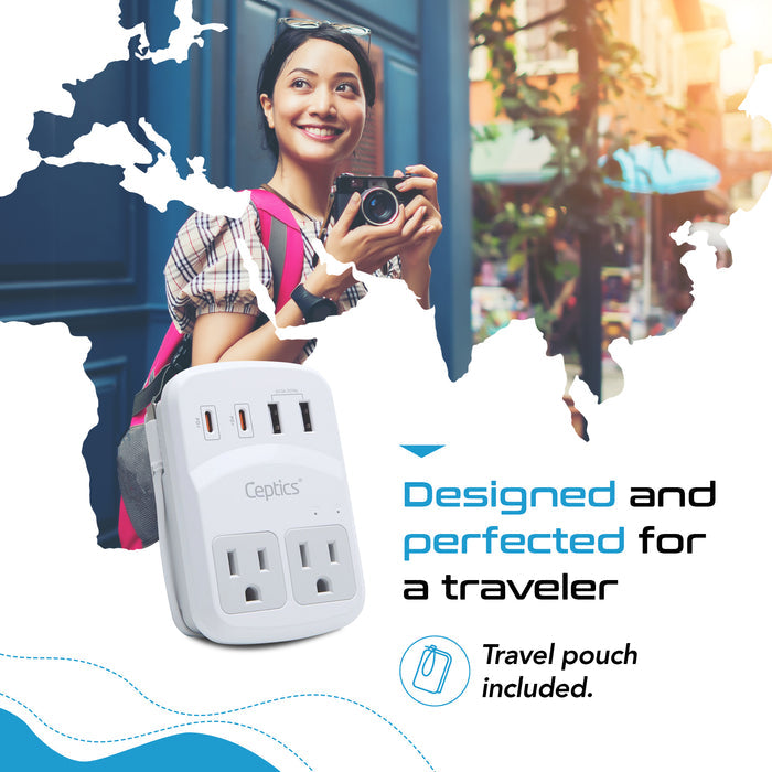 World-Way 6 Travel Adapter Kit | 2 USB-A + 2 USB-C + 1 USB-C Cable + 2 US Outlets - Grounded (WPS-5B)