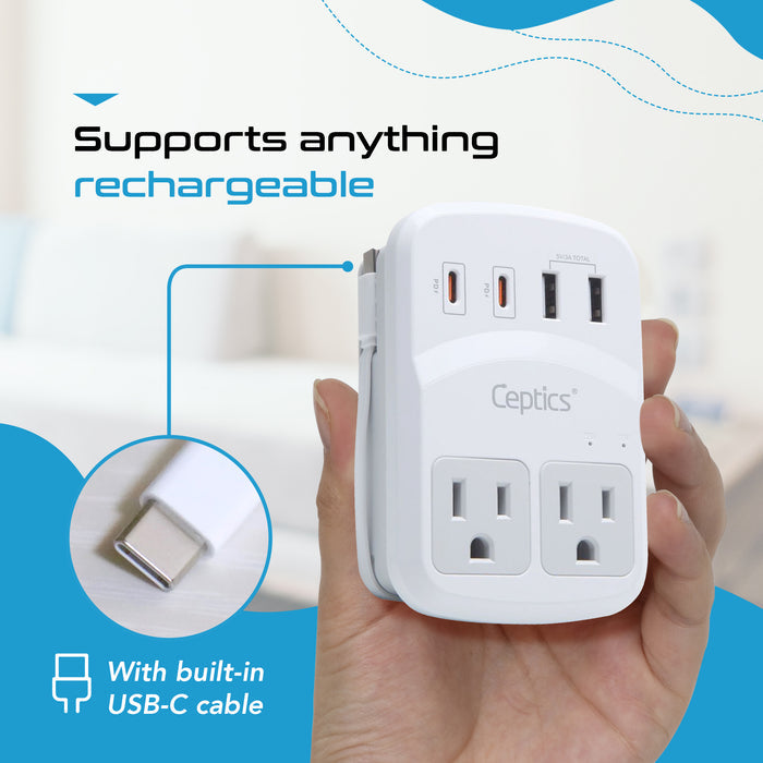 World-Way 6 Travel Adapter Kit | 2 USB-A + 2 USB-C + 1 USB-C Cable + 2 US Outlets - Grounded (WPS-5B)
