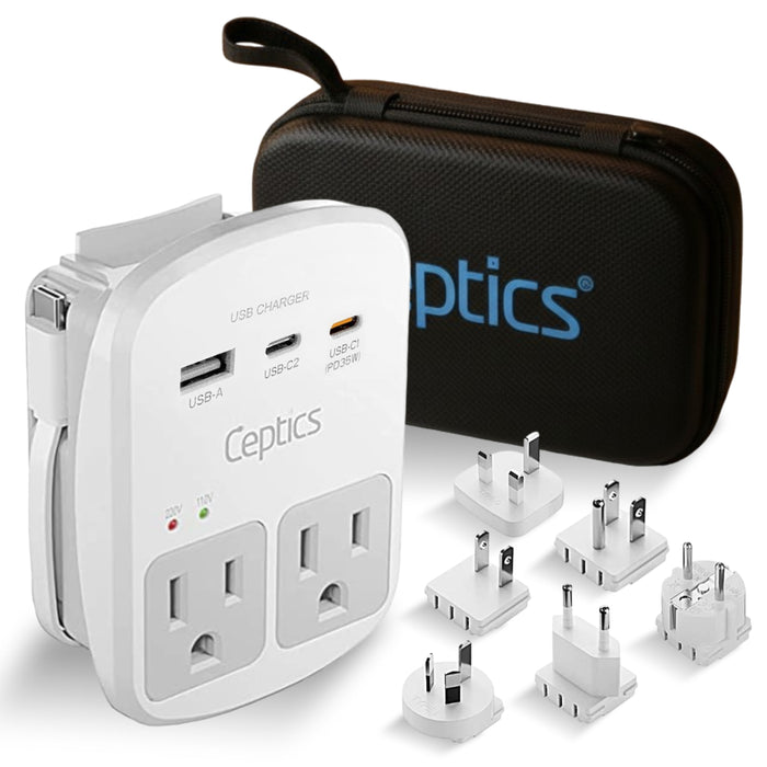 World-Way Travel Adapter Kit | 1 USB-A, 1 USB-C and 1 PD 35W USB-C port and cable + 2 US Outlets - Grounded (WPS-3C)