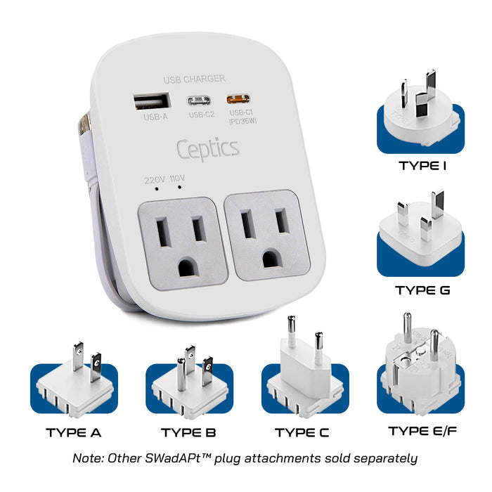 World-Way Travel Adapter Kit | 1 USB-A, 1 USB-C and 1 PD 35W USB-C port and cable + 2 US Outlets - Grounded (WPS-3C)
