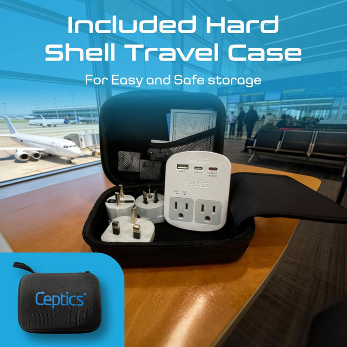 World-Way Travel Adapter Kit | 1 USB-A, 1 USB-C and 1 PD 35W USB-C port and cable + 2 US Outlets - Grounded (WPS-3C)