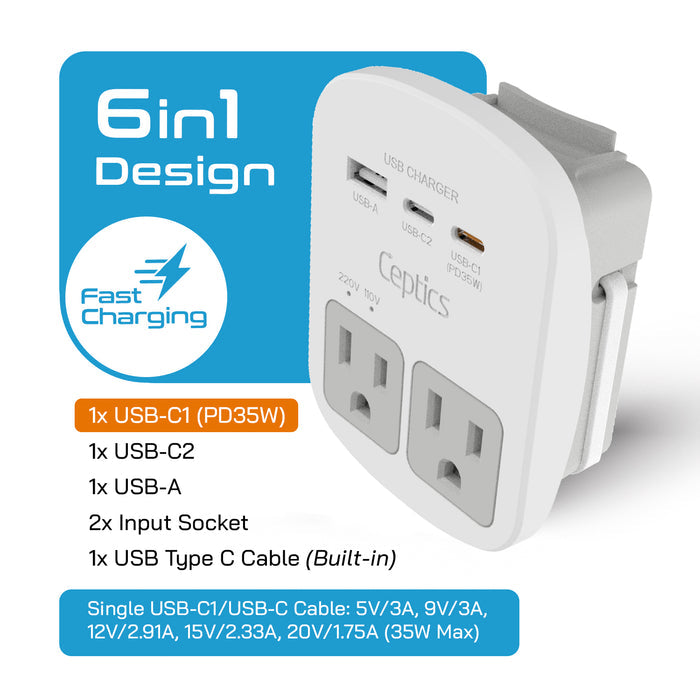 World-Way Travel Adapter Kit | 1 USB-A, 1 USB-C and 1 PD 35W USB-C port and cable + 2 US Outlets - Grounded (WPS-3C)