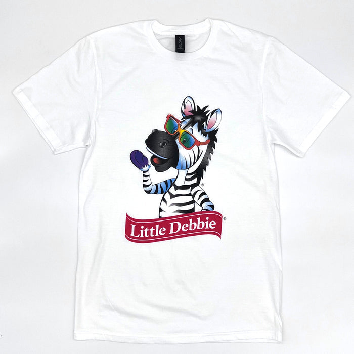Front view of a white Little Debbie T-shirt featuring a 1/2 body image of Zain the Zebra™  waving, positioned above the Little Debbie Ribbon logo.