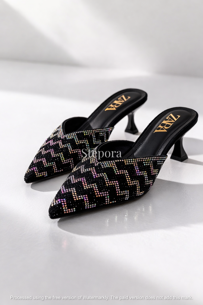 Zigzag Rhinestone Pointed Toe Mules